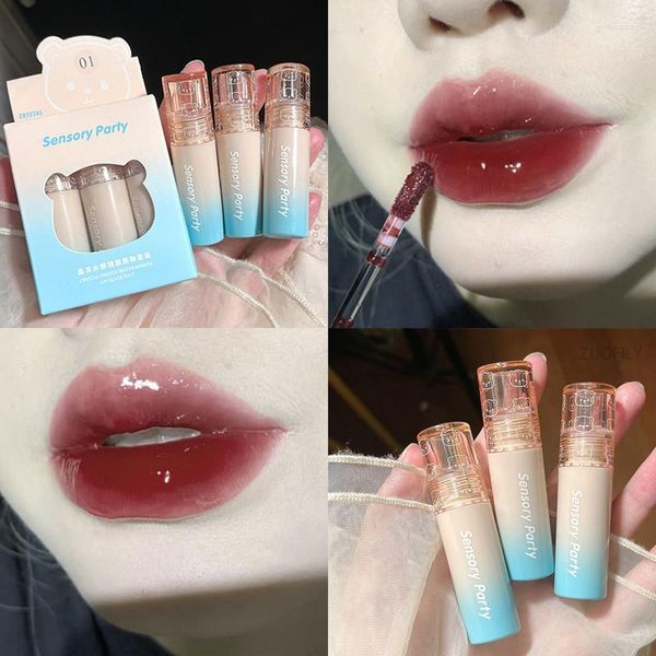 Brillo de labios 3 unids/set cristal agua congelada espejo glaseado terciopelo mate barro no se decolora cristal transparente líquido lápiz labial maquillaje