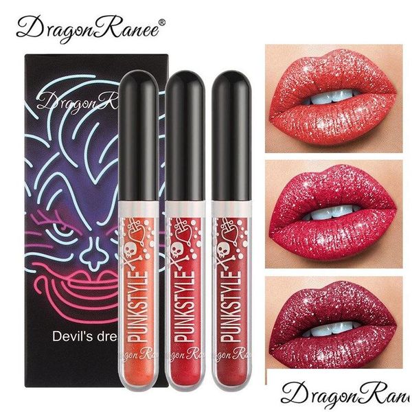 Lip Gloss 3Pcs / Set Étanche Halloween Diamant Sexy Shimmer Matte Glitter Liquide Rouge À Lèvres Longue Durée Lipgloss Maquillage 1061 Drop De Dh6Bt