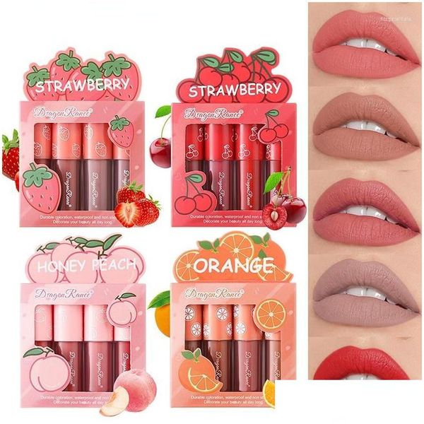 Brillant à Lèvres 4 Couleurs Mini Ensemble de Rouge à Lèvres Veet Mat Glaze Teinture Teinture Durable Moisture Cosmétiques No Fading Fruit Maquillage Drop Delivery He Dhlyv