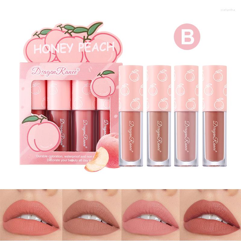 Lipgloss 4 Stück/Pack Pfirsich-Set Fruchtiger flüssiger Mini-Lippenstift, wasserdicht, sexy, rot, Nude, Glasur, Tönung, natürliche Make-up-Schönheitskosmetik