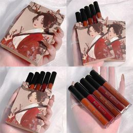 Brillo de labios 5pcs / Set Glaze Liquid Lipstick Matte Velvet Taza antiadherente de larga duración No es fácil de desvanecer Sexy Red Make Up Set