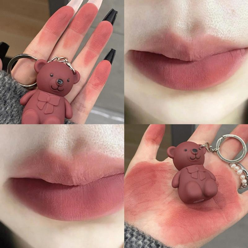 Lip Gloss 6 Color Cute Bear Matte Mud Velvet Grey Pink Keychain Lipstick Waterproof Lasting Glaze Cosmetics Portable
