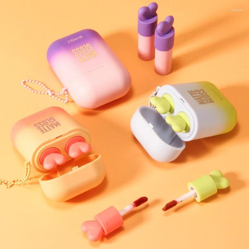 Блеск для губ Airpods Color Set Матовая бархатная жидкая губная помада Водостойкая 3-цветная косметика 2-в-1