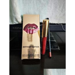 Brillant à lèvres Maquillage de Noël Matte Liquide Rouge à lèvres Liner Set Leo Fl Taille dans Golden Box Anniversaire Edition Étanche Longue tenue Lipgloss Otxxs