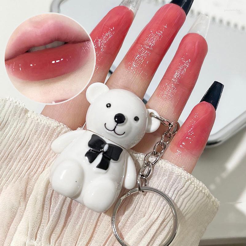 Lip Gloss Clear Glaze Cute Bear Jelly Mirror Liquid Lipstick Waterproof Non-stick Cup Keychain Transparent Tinted Makeup