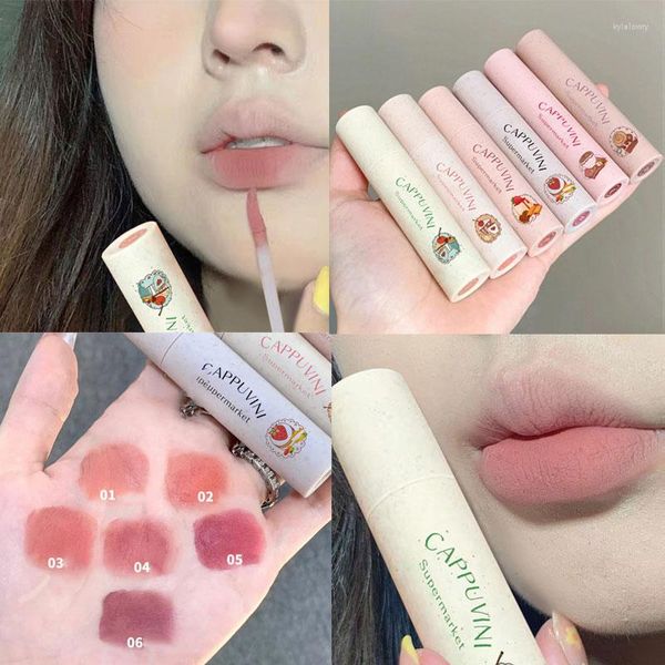 Brillo de labios lindo pastel de dibujos animados impreso terciopelo mate lápiz labial resistente al agua duradero brillo de labios taza antiadherente maquillaje tinte pluma cosmética