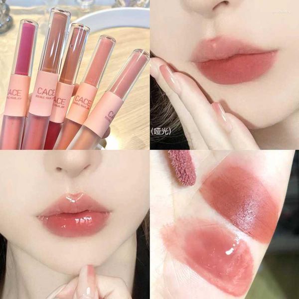 Brillo de labios doble cabeza terciopelo mate Sexy tinte rojo resistente al agua duradero transparente brillo glaseado mujeres maquillaje coreano cosméticos