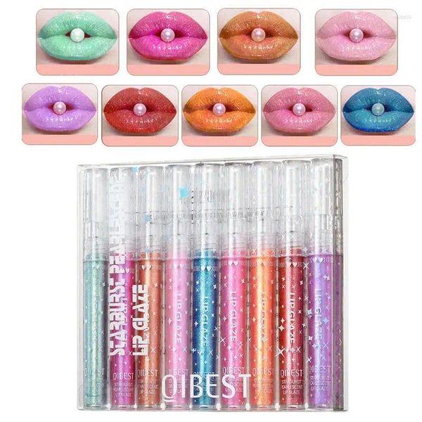 Lipgloss-Glitzer-Set, 9-teilig, glänzend, praller, glänzender Lipgloss, langlebig, wasserfest, glitzernd, bezauberndes Kosmetik-Make-up