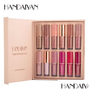 Brillo de labios Handaiyan 12 Color Set Libro Estilo Líquido Mate Lápiz labial Impermeable Natural Nutritivo Maquillaje Lipgloss Conjuntos Drop Entrega H DHK3Q