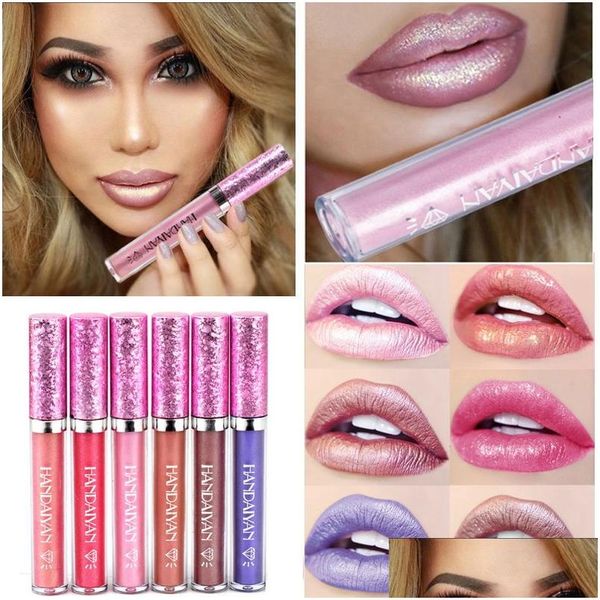 Brillo de labios Handaiyan 6 Color Diamond Luster Lipgloss Charm Glitter Pearlescent Taza antiadherente Maquillaje Líquido Lápiz labial Drop Entrega Healt DHBML