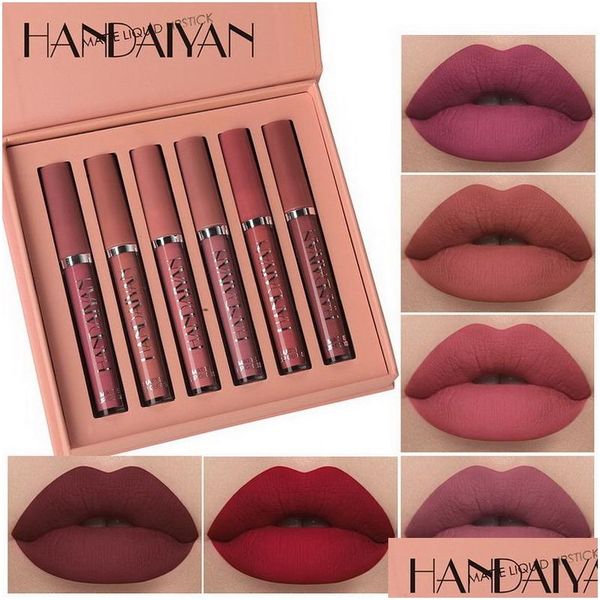 Brillo de labios Handaiyan Liquid Matte Lipstick Long Last Set Mett Taza antiadherente de larga duración Maquillaje natural Lipgloss Kit Drop Entrega Heal Dhf0P