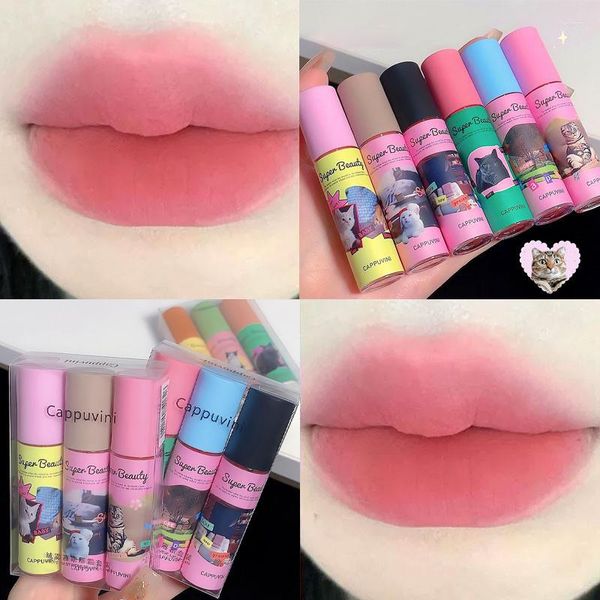 Brillo de labios mate Mousse barro lápiz labial terciopelo suave taza antiadherente impermeable de larga duración Sexy tinte rojo lindo gato glaseado maquillaje cosmético