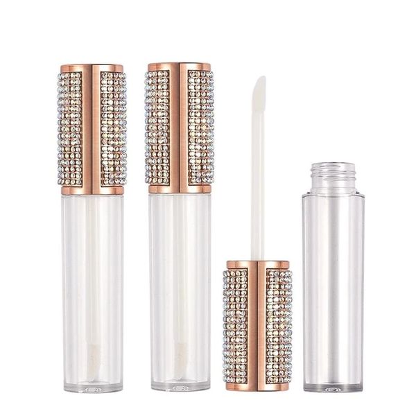 Brillo de labios Embalaje Botella Tubo Contenedor 5ML Oro rosa Plata Diamante de imitación Brillo Tapa Lujo Vacío Redondo Plástico transparente Recargable Lápiz labial líquido Envasado