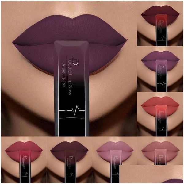 Brillo de labios Pudaier Impermeable Líquido Brillo de labios Metálico Mate Lápiz labial para labios Maquillaje de larga duración Desnudo Brillo de labios Cosmético Y Dro Dhgqz