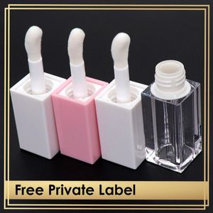 Tubes de brillant à lèvres avec grande brosse/baguette bouteille transparente Logo personnalisé en gros conteneur vide emballage forme carrée blanc/rose