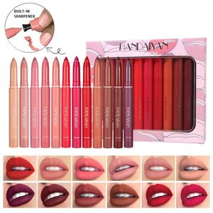 Lippotloden 12pcs Waterproof Matte Nude Lipliner Lipstick Pencil Matte Red Contour Tint Lipsticks Lasting Non-stick Cup Lips Makeup Cosmetic 230705