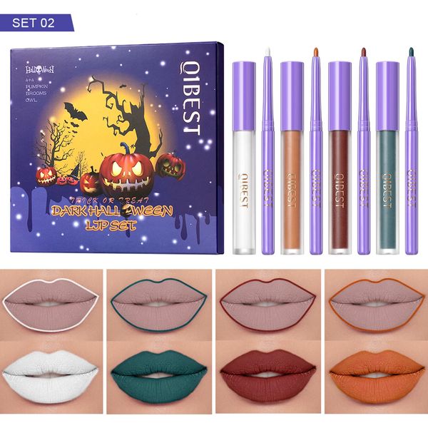 Lippotloden 4-delige voeringpotlood en vloeibare lippenstift make-upset Naakt Donkerrood Mat Langdurig Anti-aanbak Cup Glans Halloween-kit 231207