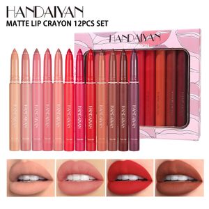 Crayons à lèvres Handaiyan 12pcs mat imperméable velours nu rouge à lèvres crayon sexy rouge brun pigments maquillage longue durée professionnel 231202