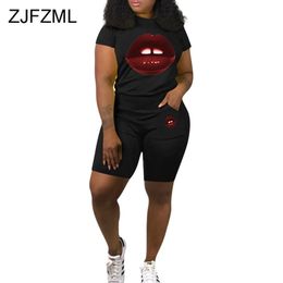 Lippen Print Sexy 2 Stuk Set Zomer Kleding voor Vrouwen Ronde hals Korte Mouw Slanke Tshirt en Biker Shorts Suit Causale trainingspakken