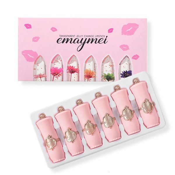 Lápiz labial 6 uds Crystal Clear Flower Jelly Lipstick Set Hidratante de larga duración Temperatura Color que cambia Bálsamos labiales 231011