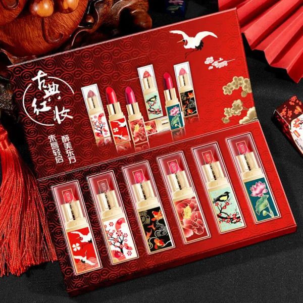 Lipstick 6PCS / Set Set Gift Set Boîte de lèvres de style chinois durable Hydrating Nourishing Red Lip Stick Cosmetics Women Beauty Makeup Set