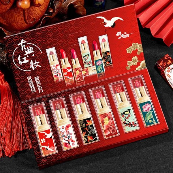 Rouge à lèvres 6pcs / set Design traditionnel chinois Ensemble de rouge à lèvres mat Imperméable à l'eau Longue durée Brillant à lèvres Nu Velours Pigment Batom Femmes Mode 230727