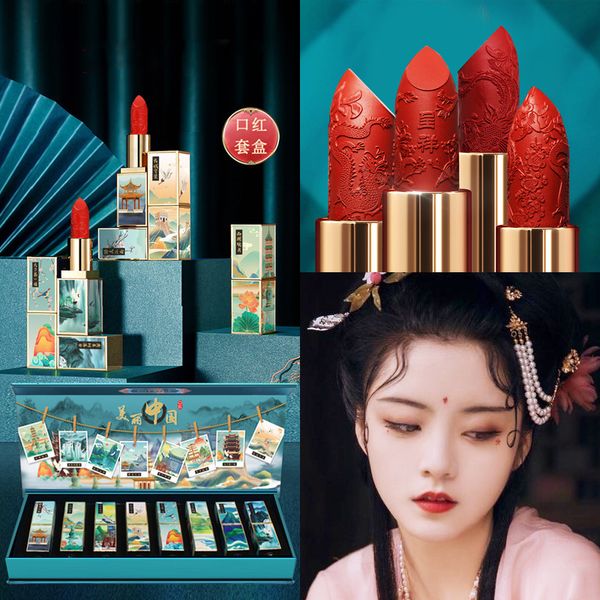 Rouge à lèvres 8Pc / Set Rouge à lèvres Classique Chinois Robe Rouge Coffret Cadeau Vintage Pure Haute Saturation Coloré Gravure Art Année Cadeau Maquillage Ensemble 230727