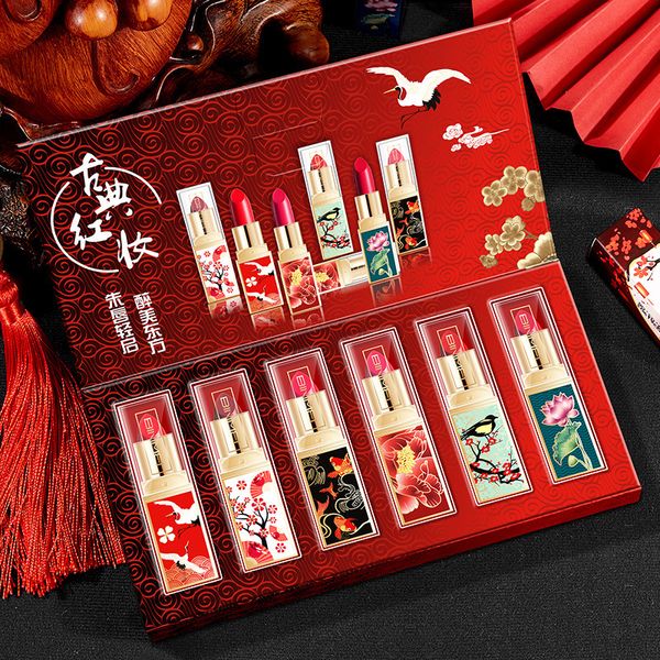 Rouge à lèvres Style chinois rouge à lèvres ensemble mat hydratant durable rétro rouge Chili couleur Style chinois six coffrets cadeaux rouges à lèvres 230823