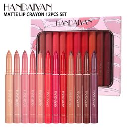 Lápiz labial HANDAIYAN 12 piezas mate lápiz labial desnudo conjunto lápiz labial con caja Regalo del día de San Valentín amigas maquillaje lápiz labial impermeable crayones 230718