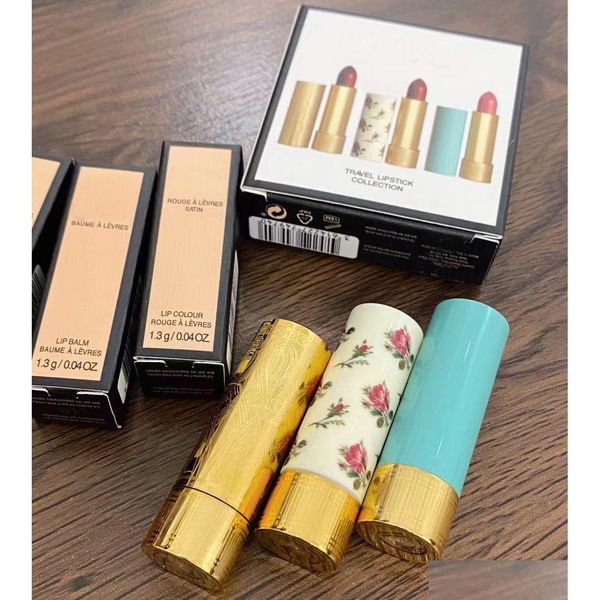 Lipstick High Quality Nouveau 3pcs Makup Mini matte Set Voyage Exclusive Powder Kiss Gloss Cosmetic 1.3g Rouge A Levers Satin Lip Drop de Dhzzc