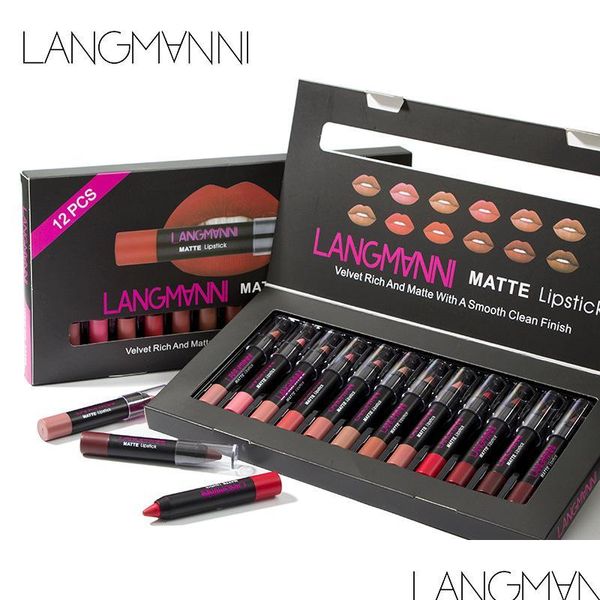 Lipstick Langmanni 12 pi￨ces Set Veet Rich et Matte avec une finition propre lisse Crayon Longlasting Cosmetics Beauty Maquiagem Drop de Dhtwj