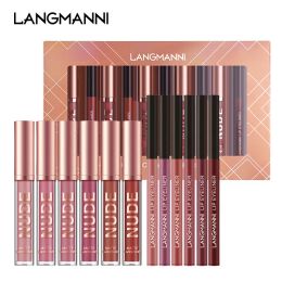Lipstick Langmanni 6+6 make -up vloeibare lippenstift lipvoering combinatie 12 pc's/sets non -stick cup matte lipgloss sexy kleuren lipverf dc08