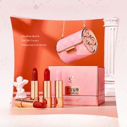 Rouge à lèvres rouge à lèvres ensemble chaîne poudre sac en cuir 3/4 pièces boîte-cadeau ne se décolore pas rouge à lèvres hydrater baume à lèvres rouge à lèvres maquillajes para mujer 230915