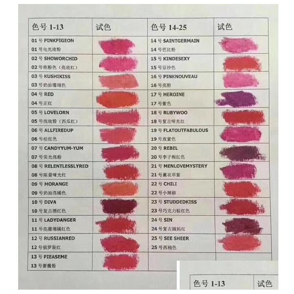 Lipstick Matte M Makeup Luster Retro Lipsticks Frost y 3G 25 Colors con nombre de inglés tiene una caja negra entrega de la salud Beauty Lips DHG5E