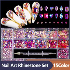 Arte de uñas de labios Conjunto de diamantes de imitación acrílico en caja mixta AB Cristal Cristal Diamante Flatback Nail Nails uñas Rhinestons para arte de uñas