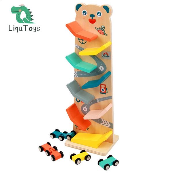 LIQU Jouets pour tout-petits piste de course rampe en bois rampe de voiture RAcer rampe de piste de course en bois coloré avec 4 mini voiture 240131