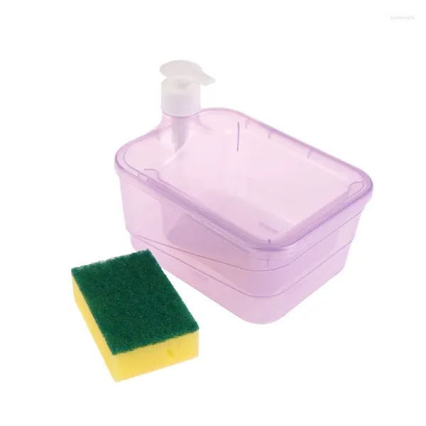 Distributeur de savon liquide en plastique avec éponge, récipient de vaisselle de cuisine, pompe, outil de nettoyage d'ustensiles de cuisine, 1 ensemble