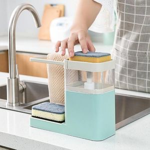 Distributeur de savon liquide 3 en 1 avec porte-éponge, support suspendu, boîtes de presse de cuisine multifonctions, lave-vaisselle bleu