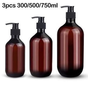 Distributeur de savon liquide 3 pièces, bouteilles de shampoing de 300/500/750ml, pompe en PET marron, bouteille vide, salle de bain, Gel douche, revitalisant, support rechargeable