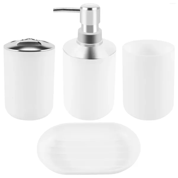 Distributeur de savon liquide 4 pièces, ensemble d'accessoires de salle de bain en plastique, accessoires de brosse de toilette avec porte-brosse à dents, tasse (blanc)