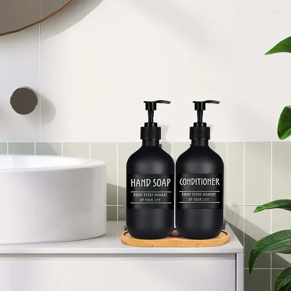 Distributeur de savon liquide rond en plastique de 500ML, bouteilles de Lotion noire mate, après-shampooing avec 1 plateau et 6 étiquettes, accessoires de salle de bains