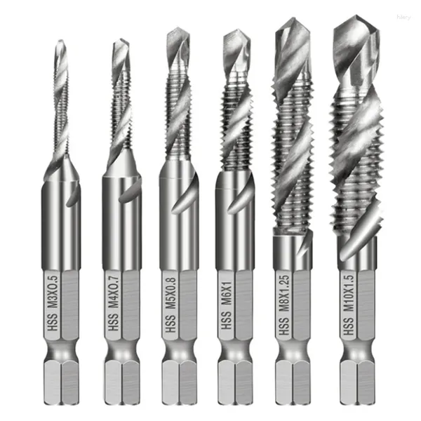 Dispensador de jabón líquido 6pcs M3-M10 Tornillo de tornillo Taladro Bits HSS Taps Counterink Desburr Set Metric Combination 1/4 pulgada