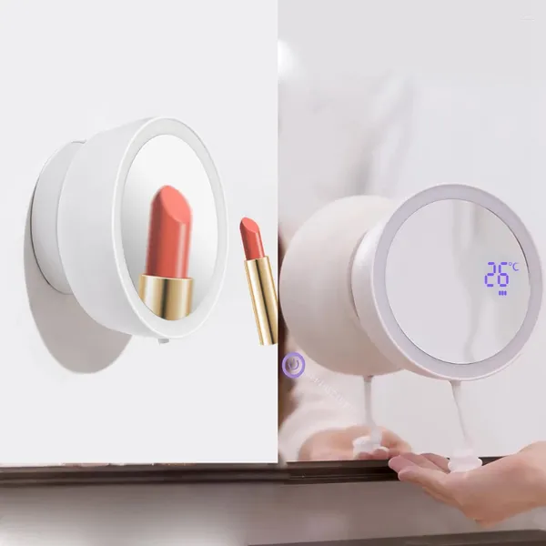 Dispensador de jabón líquido, espuma de inducción automática con luz Led, espejo cosmético, carga USB, bomba de mano montada en la pared