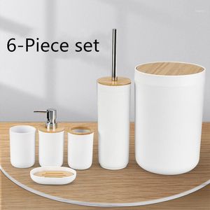 Vloeibare zeep dispenser badkamer accessoires set 6 stuks bamboe kamer tandenborstelhouder toiletborstel prullenbak gappo partner