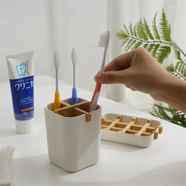 Dispensador de jabón líquido, accesorios de baño, taza de 4 rejillas, soporte para cepillo de dientes y pasta de dientes, escurridor de bandeja de bambú