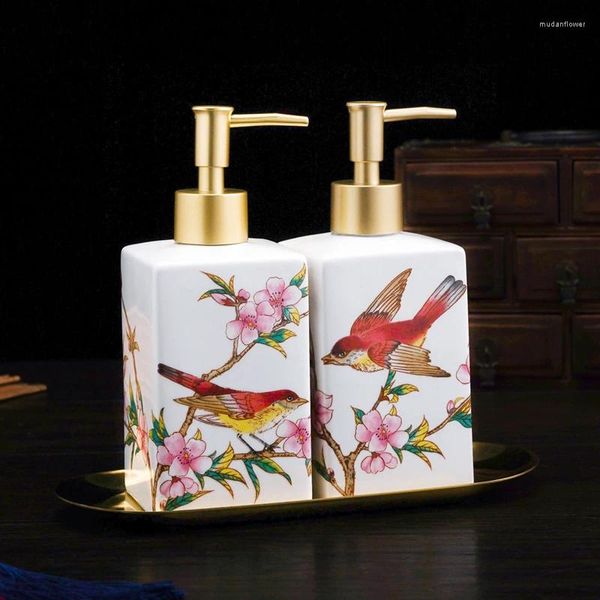 Dispensador de jabón líquido, botella de champú de emulsión de cerámica con diseño de pájaro y flor creativa, contenedor de loción a presión, accesorios de baño