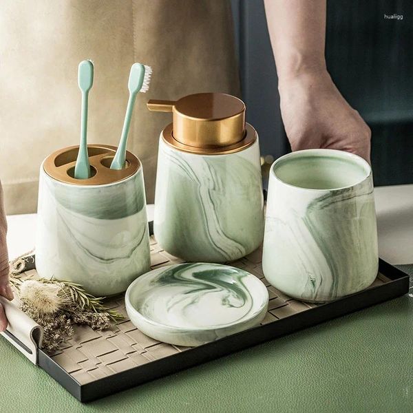 Dispensador de jabón líquido, botella de loción de cerámica de mármol verde degradado creativo, soporte para cepillo de dientes, juego de platos, accesorios de baño