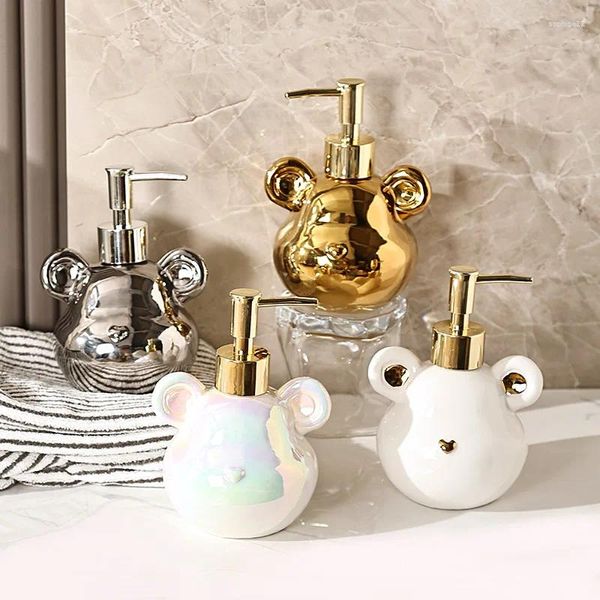 Dispensateur de savon liquide Luxury Bear Head Shape Ceramics and Gel Creative Golden Sliver Bouteille de shampooing vide Accessoire de rangement de salle de bain