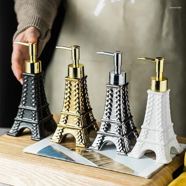 Dispensador de jabón líquido, dispensadores de cerámica de la Torre de París de lujo, botella de champú con bomba de baño para el hogar, astilla dorada