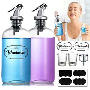 Vloeibare zeepdispenser Mondwaterdispenserset voor badkamer Glas Hervulbare mondwater Ademverfrisserfles met beker Schenktuit Trechterlabel 230921